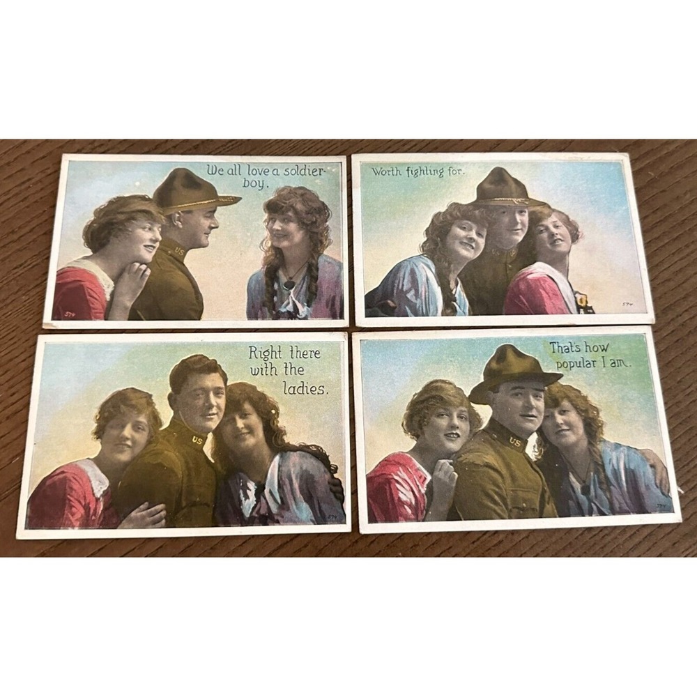 Set of 4 WWI Soldier‎ Art Romantic Lovers Greeting Postcard Vintage Artist